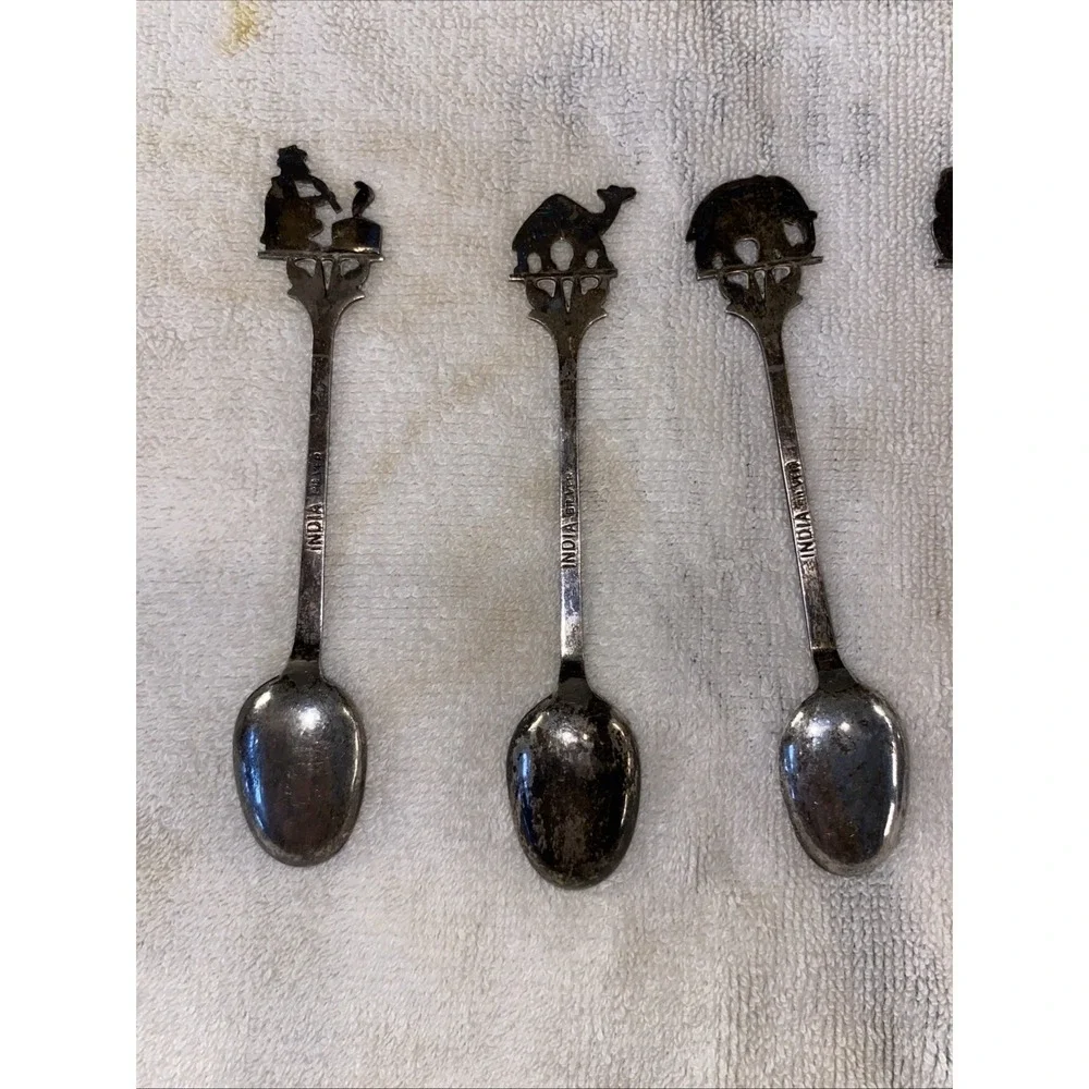 Set Of 5 Mini Spoons India Silver Camel Snake Charmer Monkeys Elephant Cobra